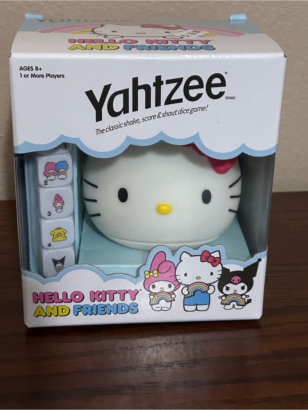 Hello Kitty Yahtzee Game Rainbow Face Dice Shaker - White, Pink & Yellow